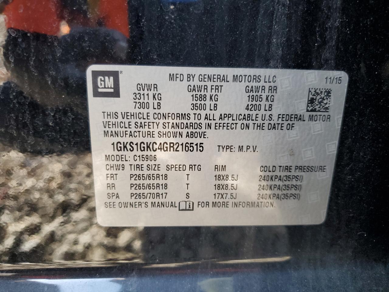 2016 GMC Yukon Xl C1500 Slt VIN: 1GKS1GKC4GR216515 Lot: 81558255