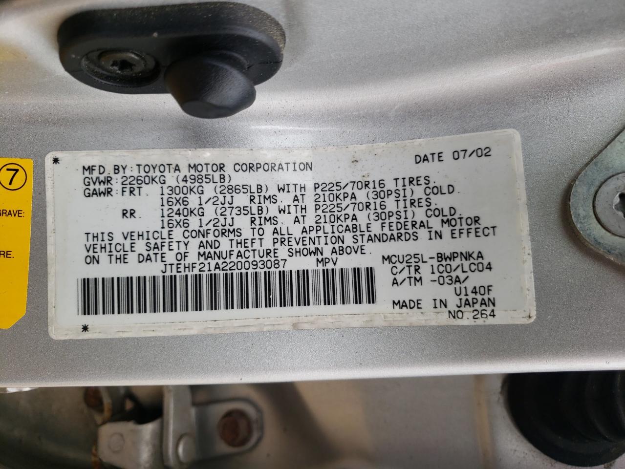 2002 Toyota Highlander Limited VIN: JTEHF21A220093087 Lot: 84628565
