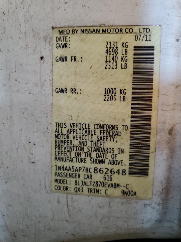 2011 Nissan Maxima S VIN: 1N4AA5AP7BC862648 Lot: 82314385