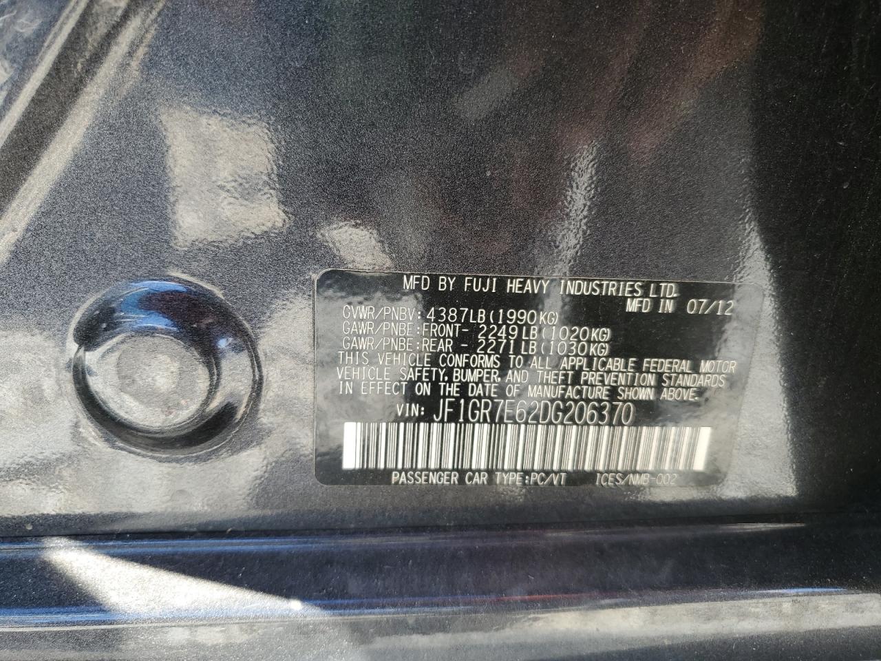 2013 Subaru Impreza Wrx VIN: JF1GR7E62DG206370 Lot: 82401645