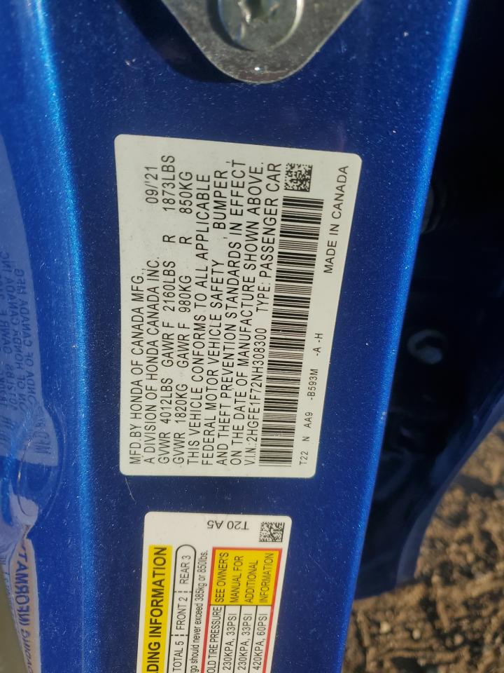 2022 Honda Civic Ex VIN: 2HGFE1F72NH308300 Lot: 86308575