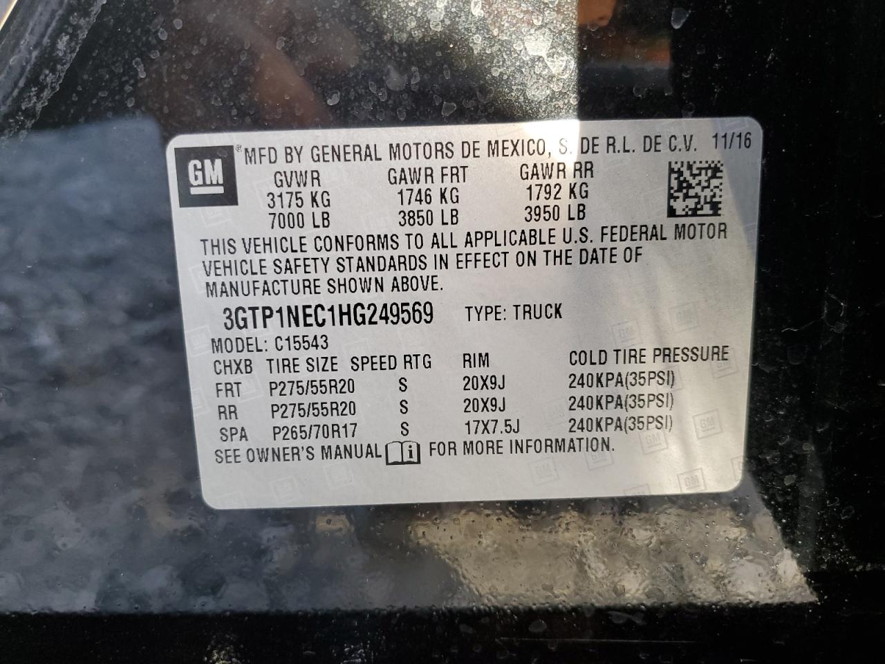 2017 GMC Sierra C1500 Slt VIN: 3GTP1NEC1HG249569 Lot: 82666105