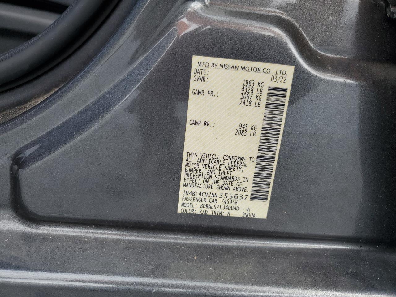 2022 Nissan Altima Sr VIN: 1N4BL4CV2NN355637 Lot: 85650085