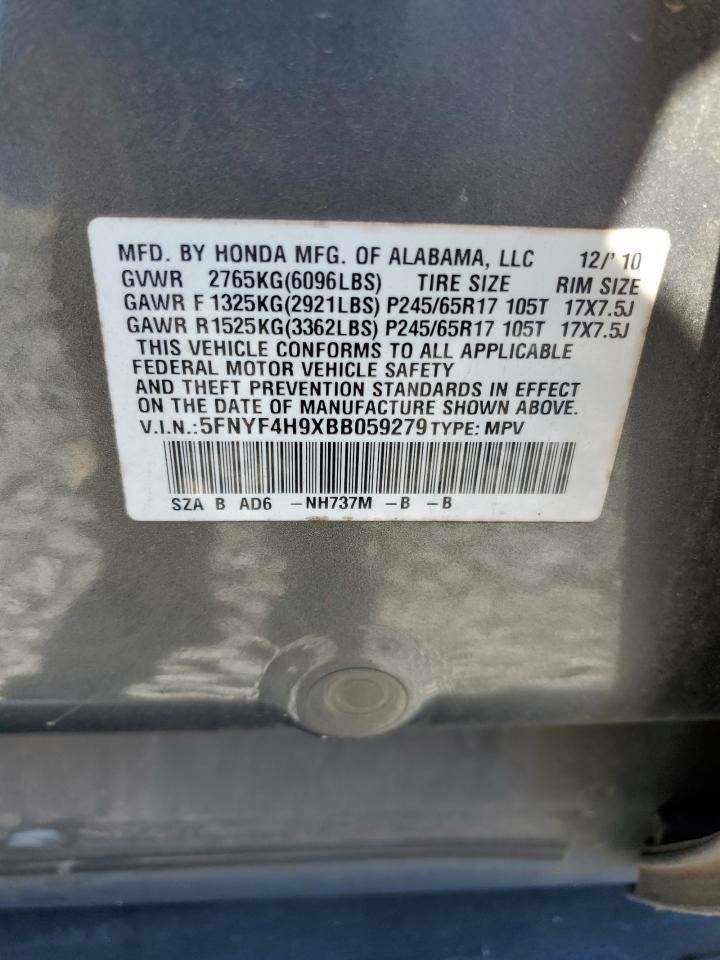 2011 Honda Pilot Touring VIN: 5FNYF4H9XBB059279 Lot: 86470895