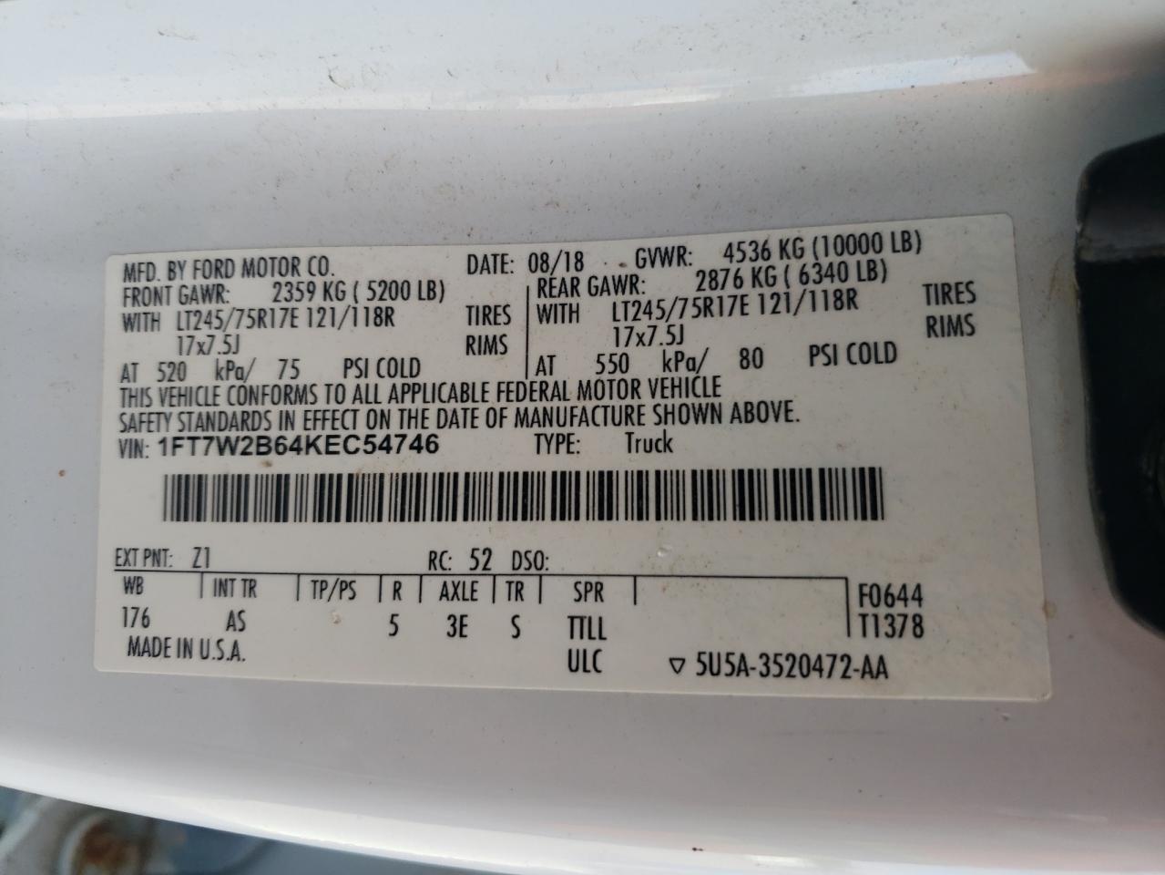 2019 Ford F250 Super Duty VIN: 1FT7W2B64KEC54746 Lot: 86482715