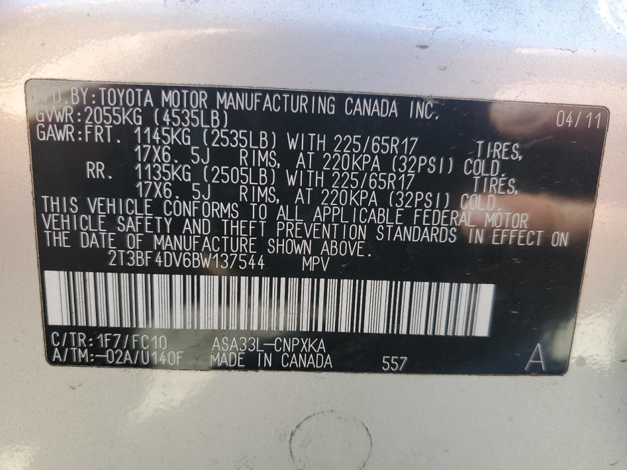 2011 Toyota Rav4 VIN: 2T3BF4DV6BW137544 Lot: 85573205