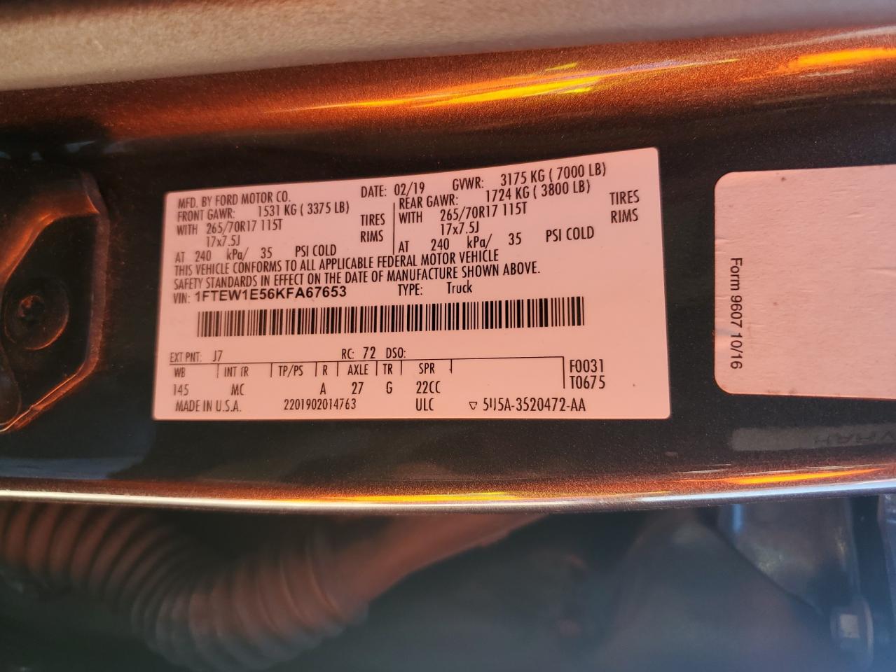 2019 Ford F150 Supercrew VIN: 1FTEW1E56KFA67653 Lot: 86861965