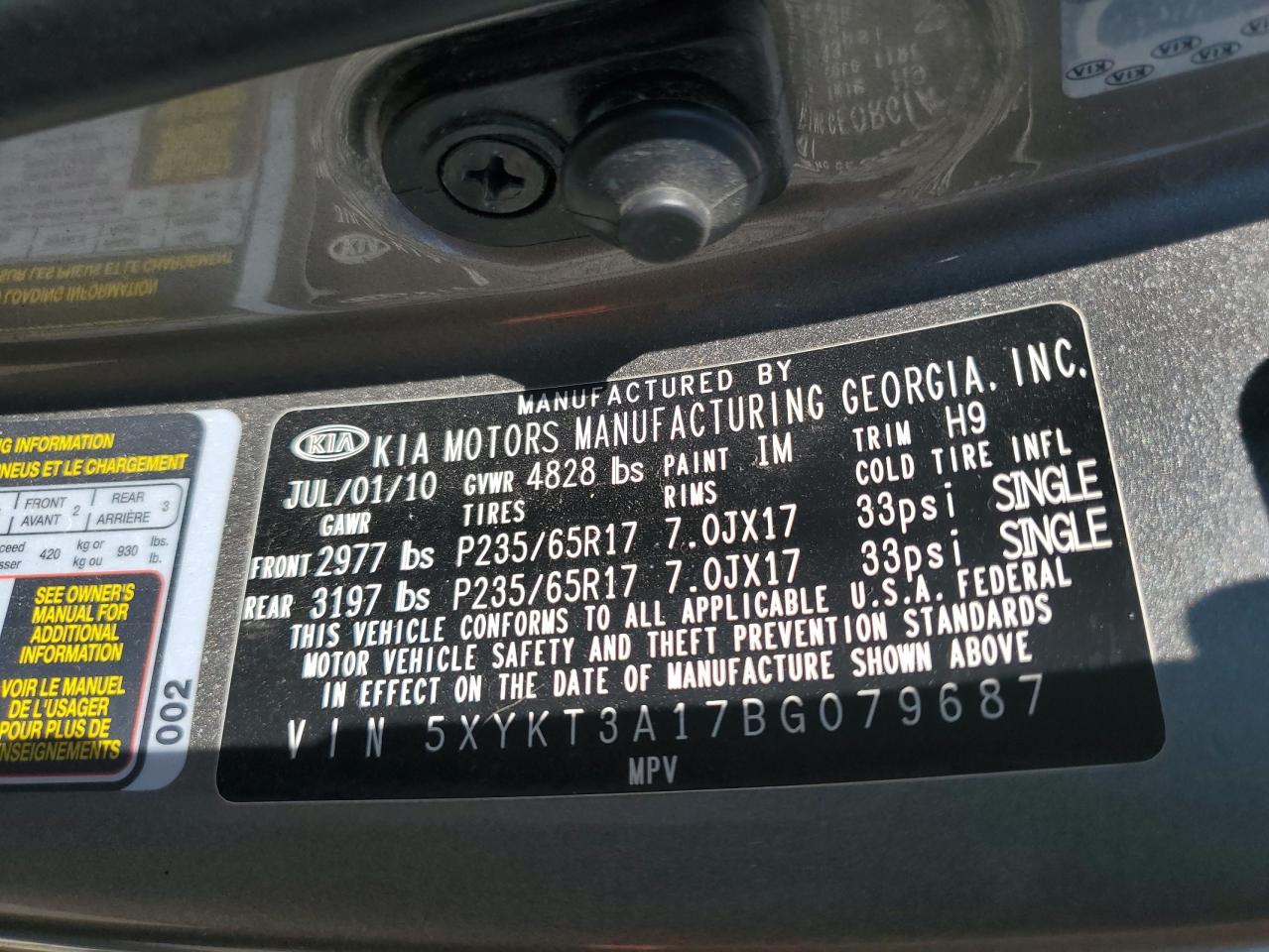 2011 Kia Sorento Base VIN: 5XYKT3A17BG079687 Lot: 86161905