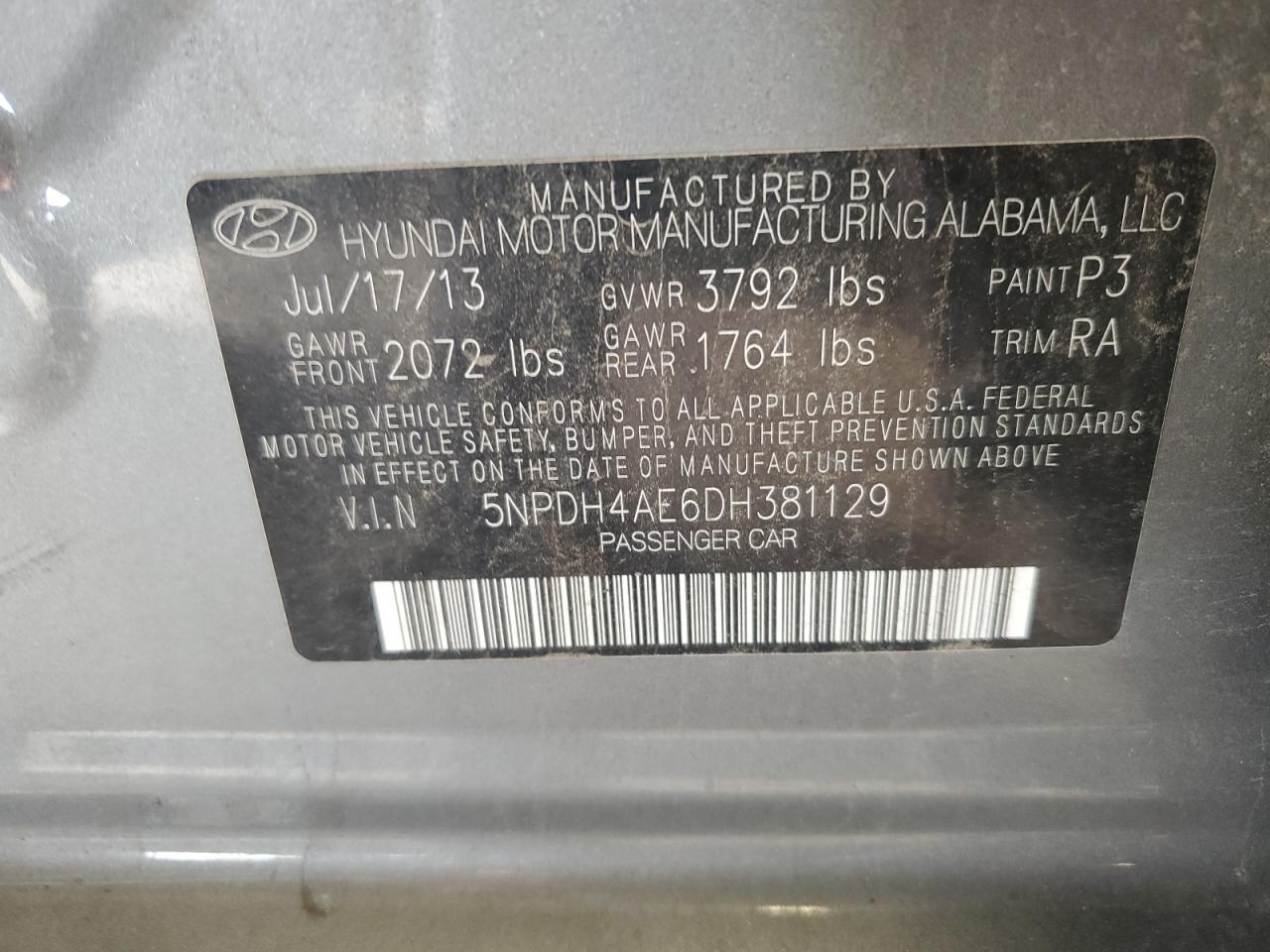 2013 Hyundai Elantra Gls VIN: 5NPDH4AE6DH381129 Lot: 85515395