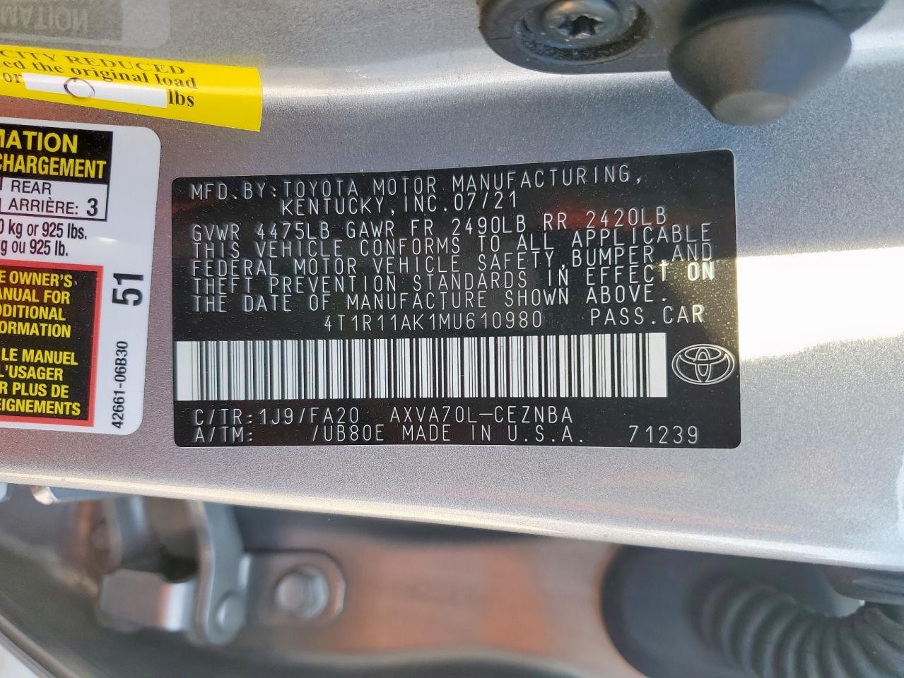 2021 Toyota Camry Le VIN: 4T1R11AK1MU610980 Lot: 85151055