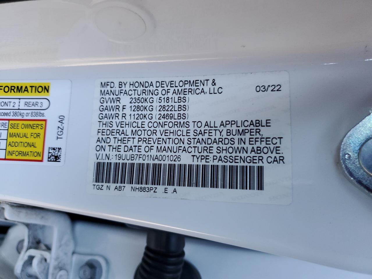 2022 Acura Tlx Type S VIN: 19UUB7F01NA001026 Lot: 90724035
