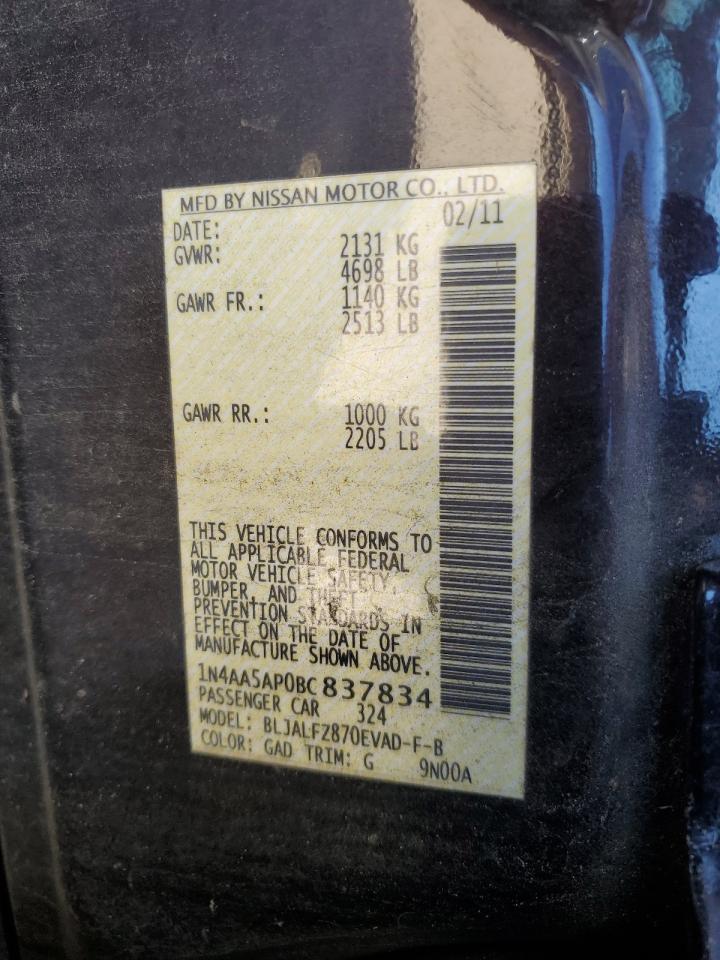 2011 Nissan Maxima S VIN: 1N4AA5AP0BC837834 Lot: 90272145