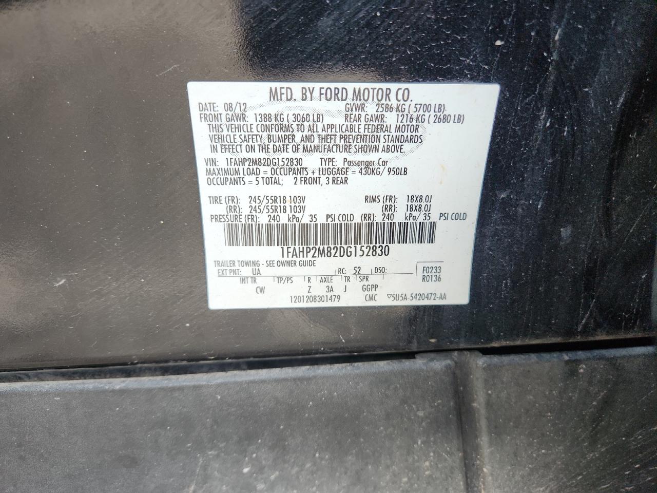 2013 Ford Taurus Police Interceptor VIN: 1FAHP2M82DG152830 Lot: 93288855