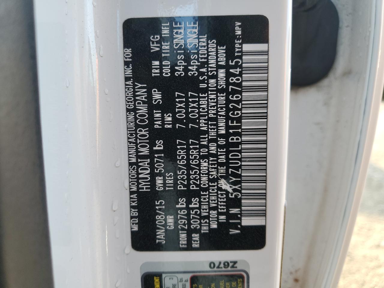 2015 Hyundai Santa Fe Sport VIN: 5XYZUDLB1FG267845 Lot: 85103835