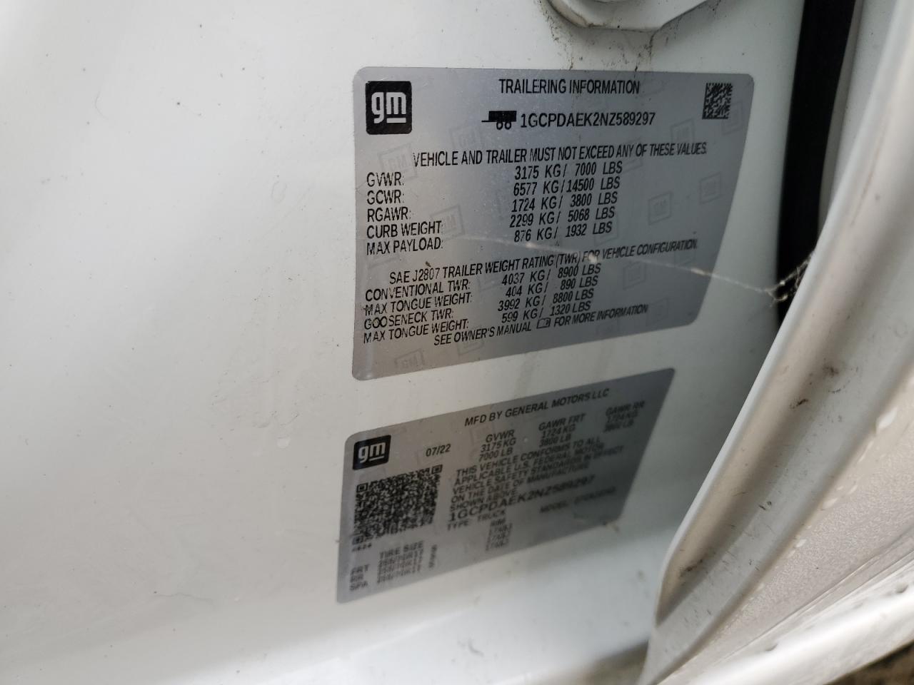 2022 Chevrolet Silverado K1500 VIN: 1GCPDAEK2NZ589297 Lot: 85962065