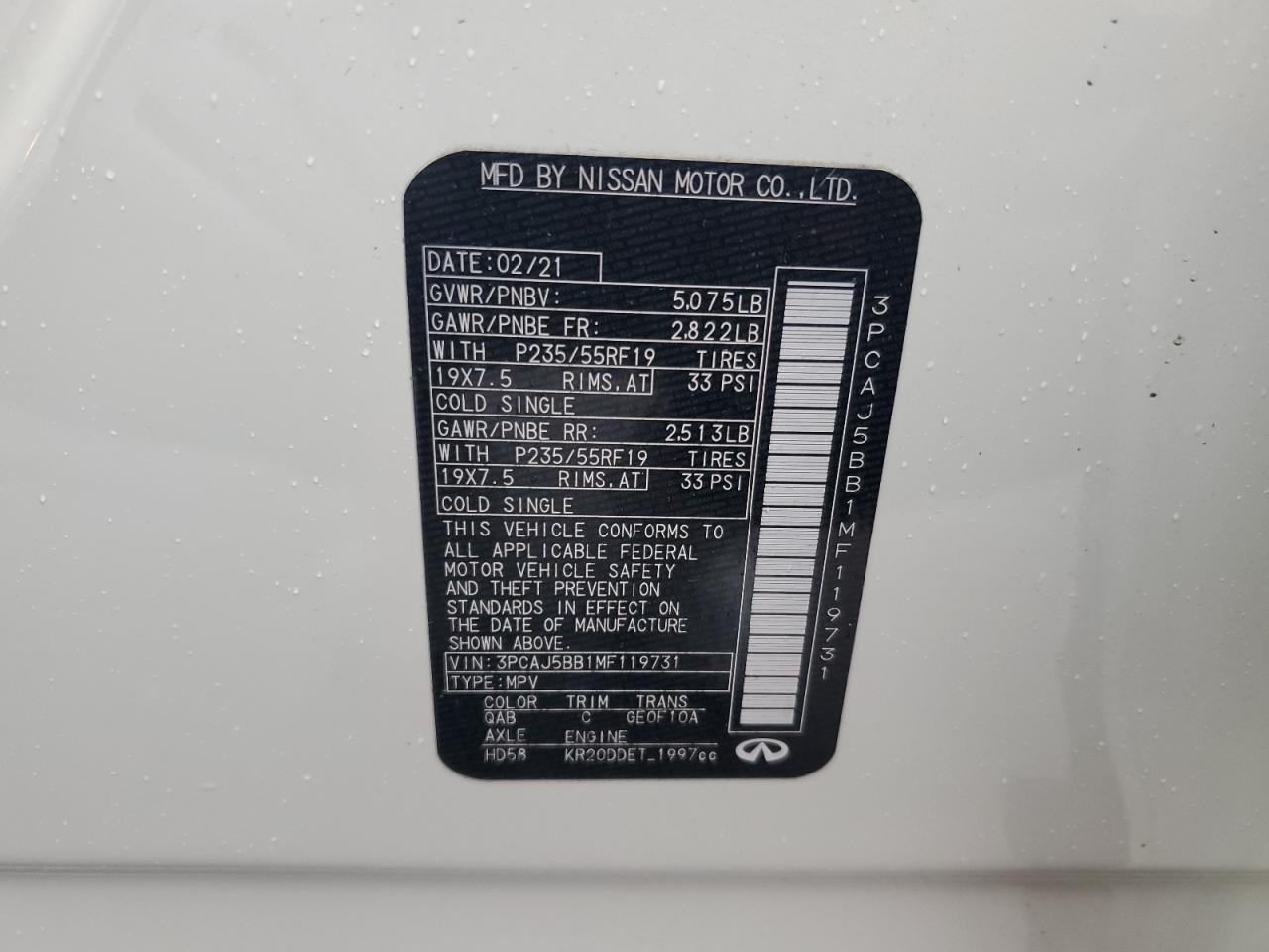 2021 Infiniti Qx50 Luxe VIN: 3PCAJ5BB1MF119731 Lot: 92888595