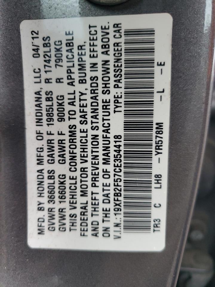 2012 Honda Civic Lx VIN: 19XFB2F57CE354418 Lot: 84256885