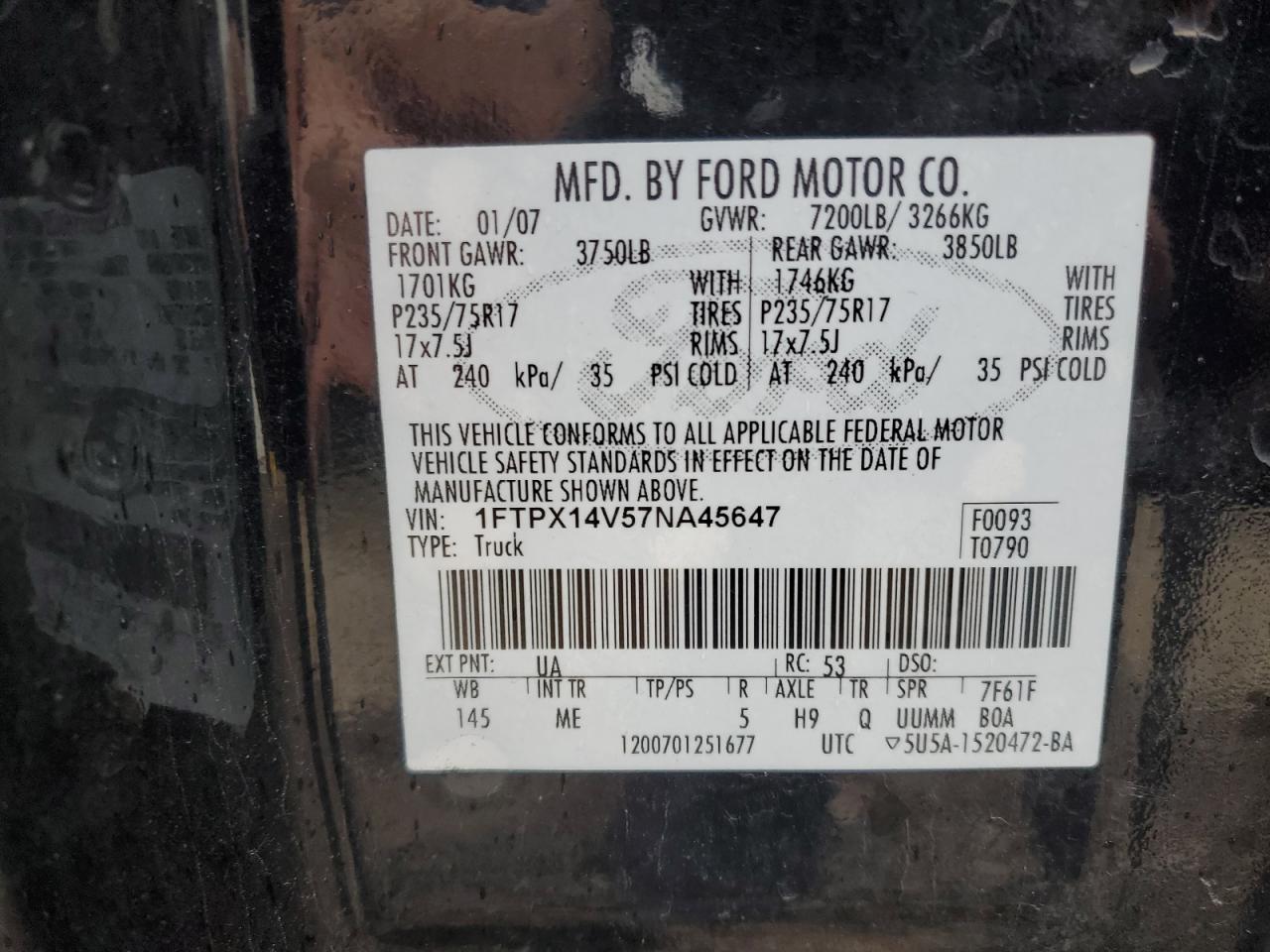 2007 Ford F150 VIN: 1FTPX14V57NA45647 Lot: 90317675