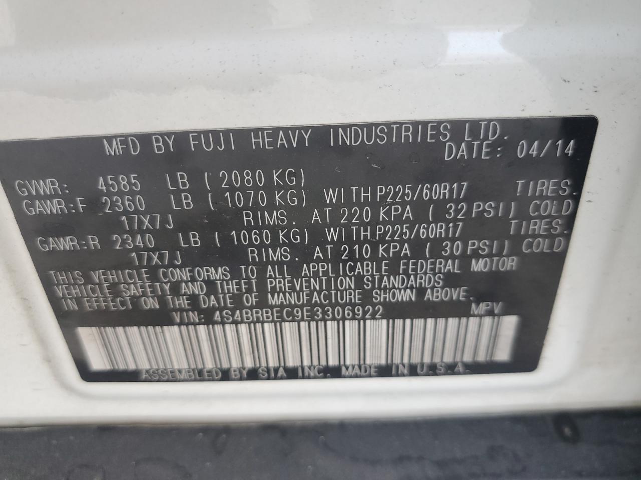 2014 Subaru Outback 2.5I Premium VIN: 4S4BRBEC9E3306922 Lot: 82544265