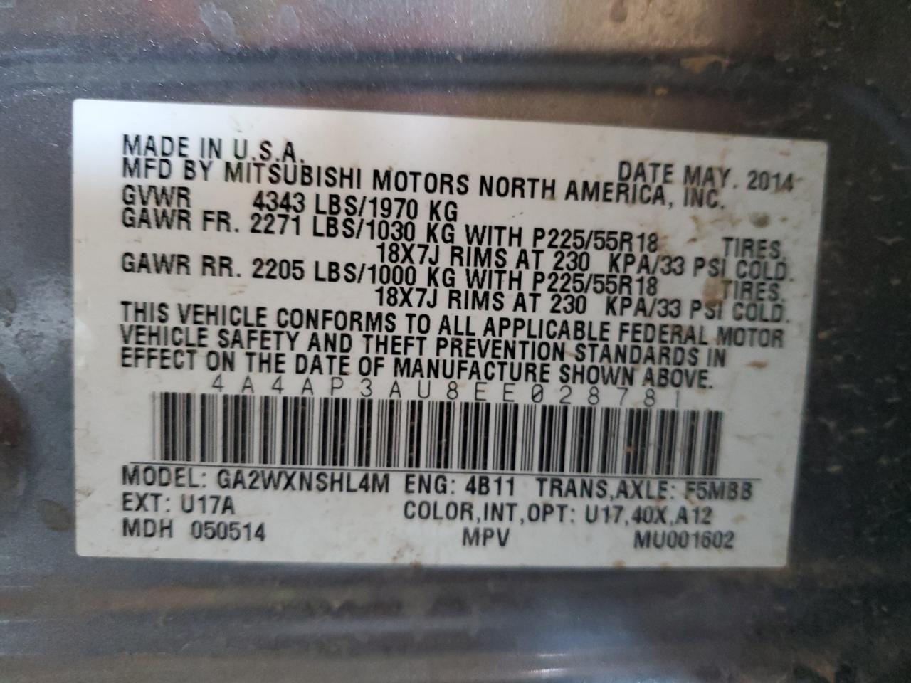 2014 Mitsubishi Outlander Sport Es VIN: 4A4AP3AU8EE028781 Lot: 82330125