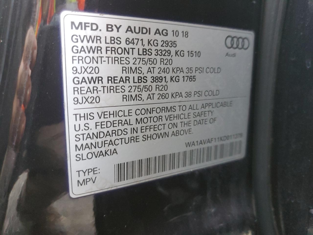 2019 Audi Q8 Premium VIN: WA1AVAF11KD011378 Lot: 85109425