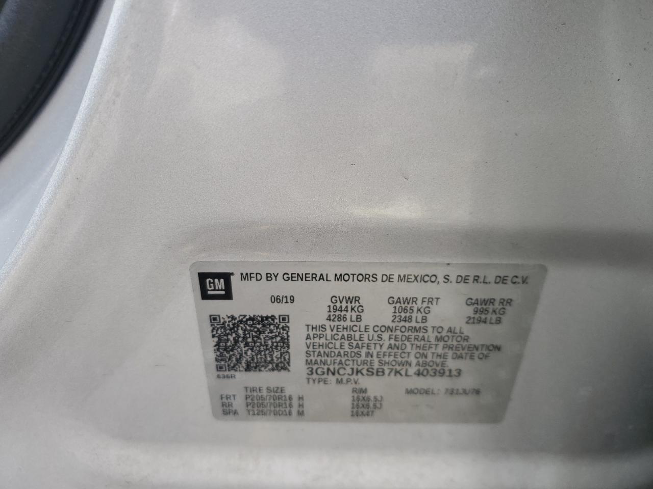 2019 Chevrolet Trax Ls VIN: 3GNCJKSB7KL403913 Lot: 85779005