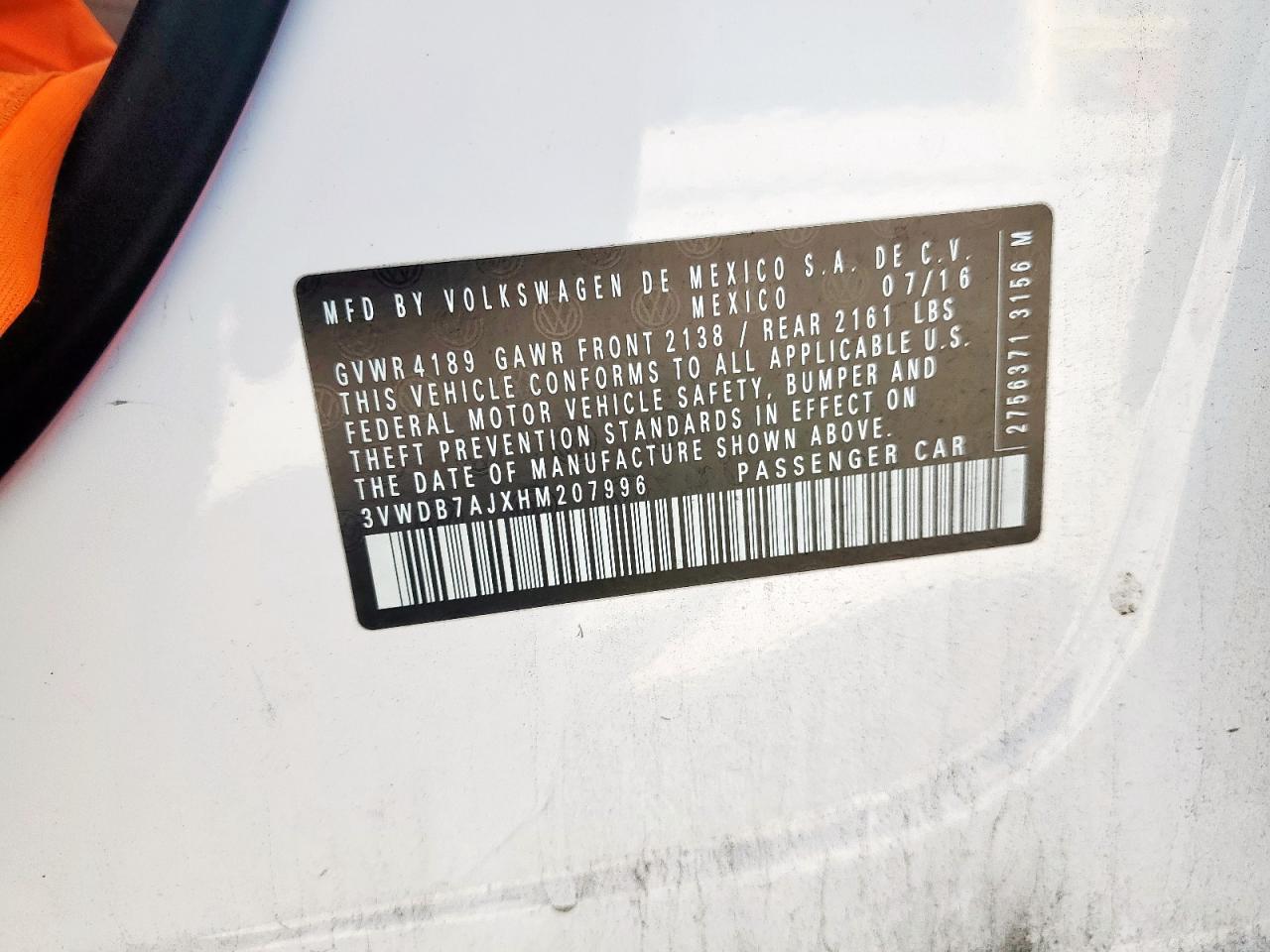 2017 Volkswagen Jetta Se VIN: 3VWDB7AJXHM207996 Lot: 85313095