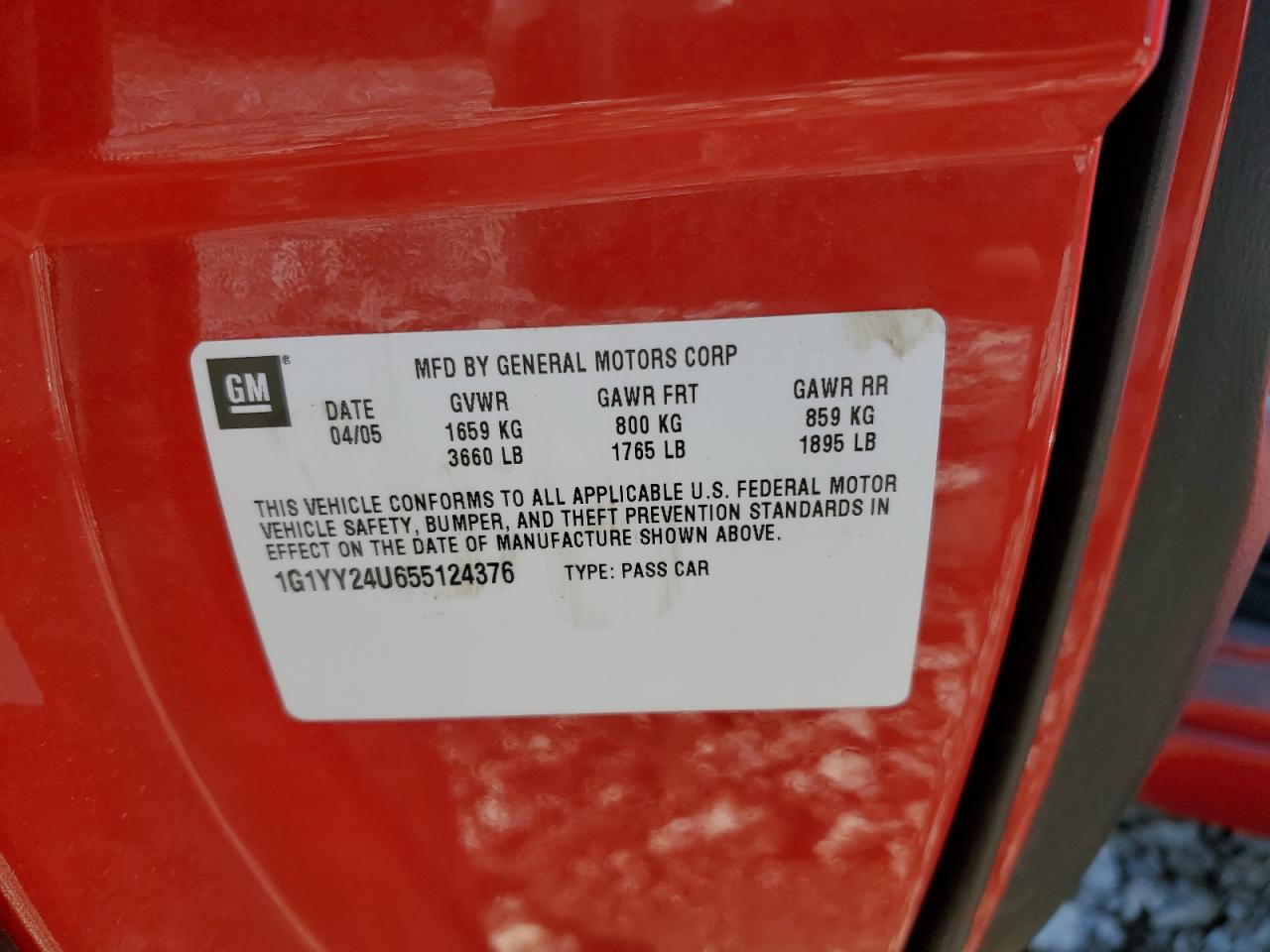 2005 Chevrolet Corvette VIN: 1G1YY24U655124376 Lot: 87442585