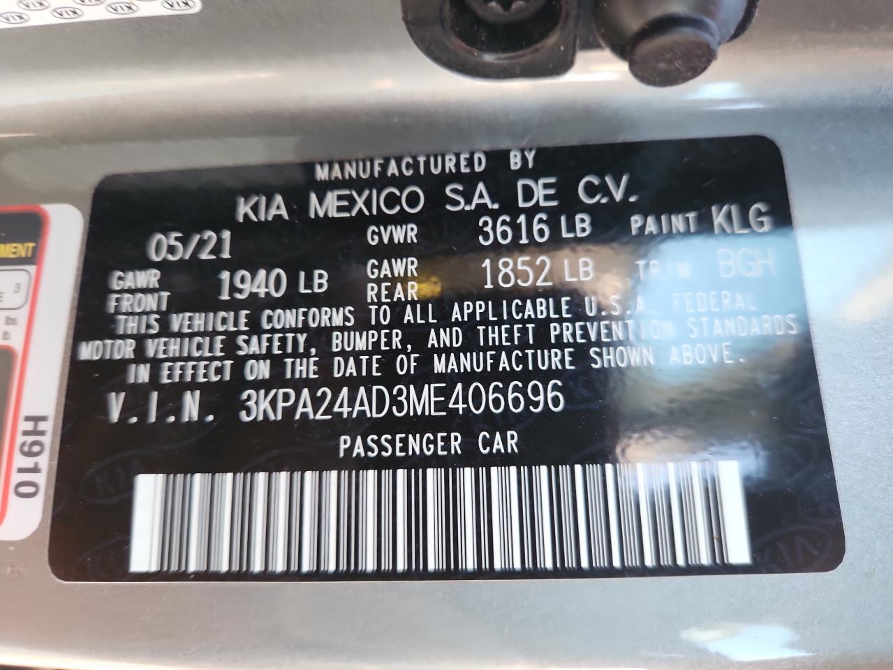 2021 Kia Rio Lx VIN: 3KPA24AD3ME406696 Lot: 85737165