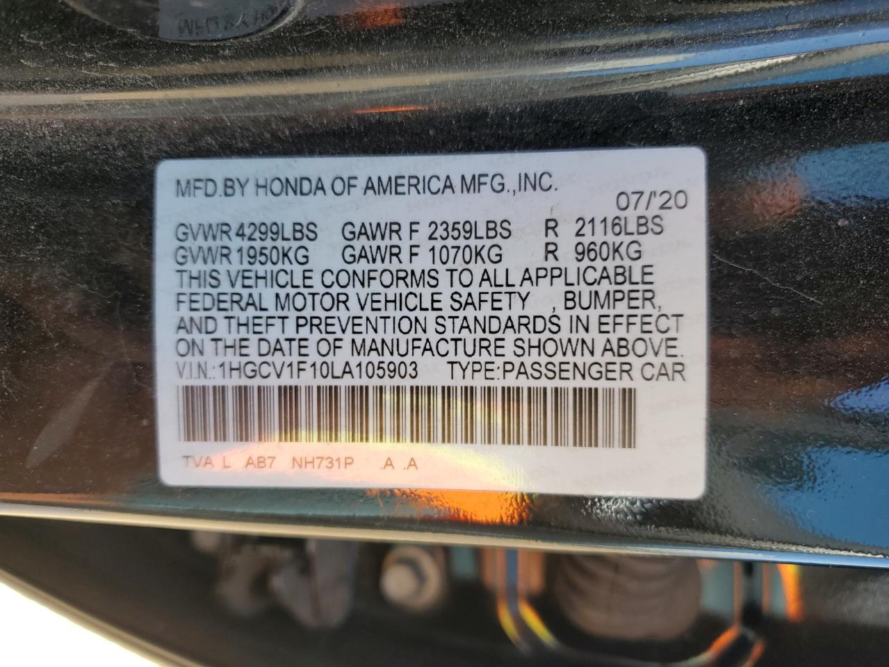 2020 Honda Accord Lx VIN: 1HGCV1F10LA105903 Lot: 85638075