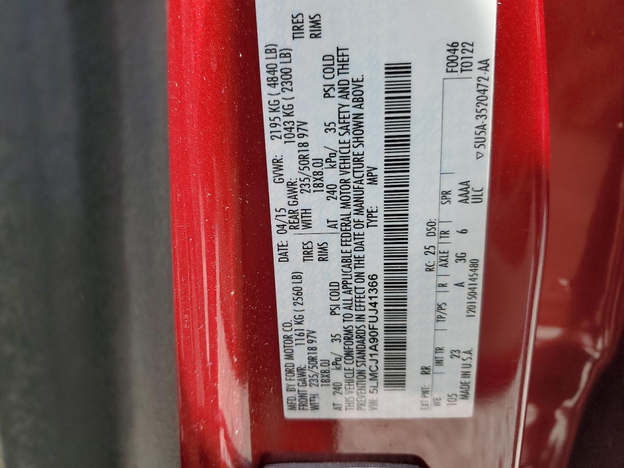 2015 Lincoln Mkc VIN: 5LMCJ1A90FUJ41366 Lot: 93497025