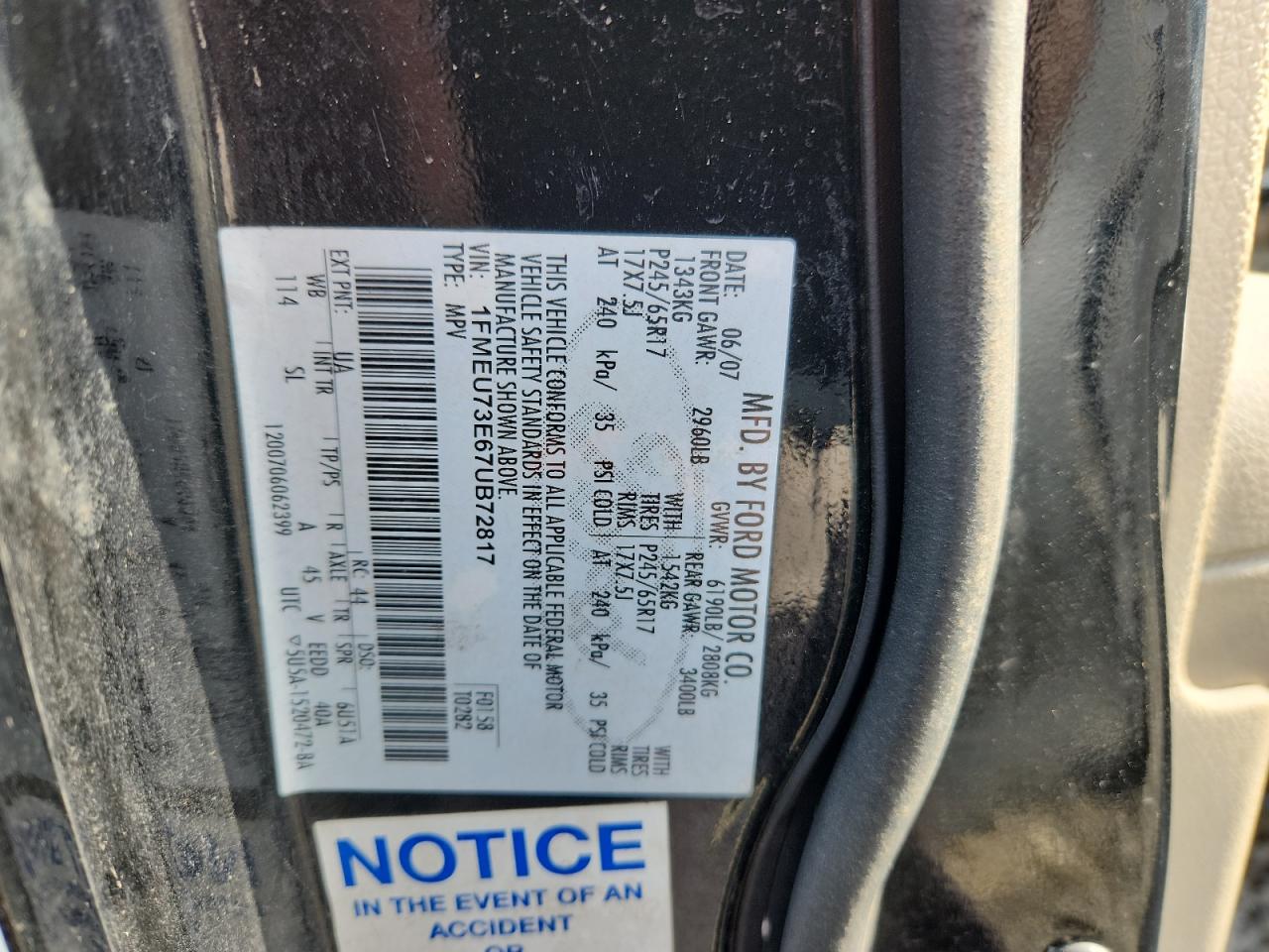 2007 Ford Explorer Xlt VIN: 1FMEU73E67UB72817 Lot: 85917695