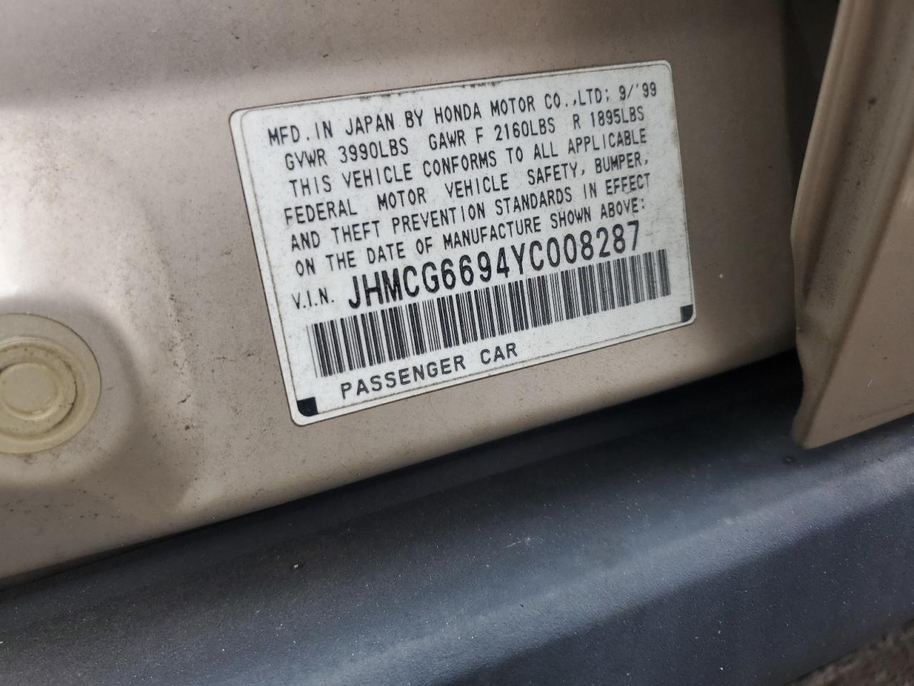 2000 Honda Accord Se VIN: JHMCG6694YC008287 Lot: 86130575