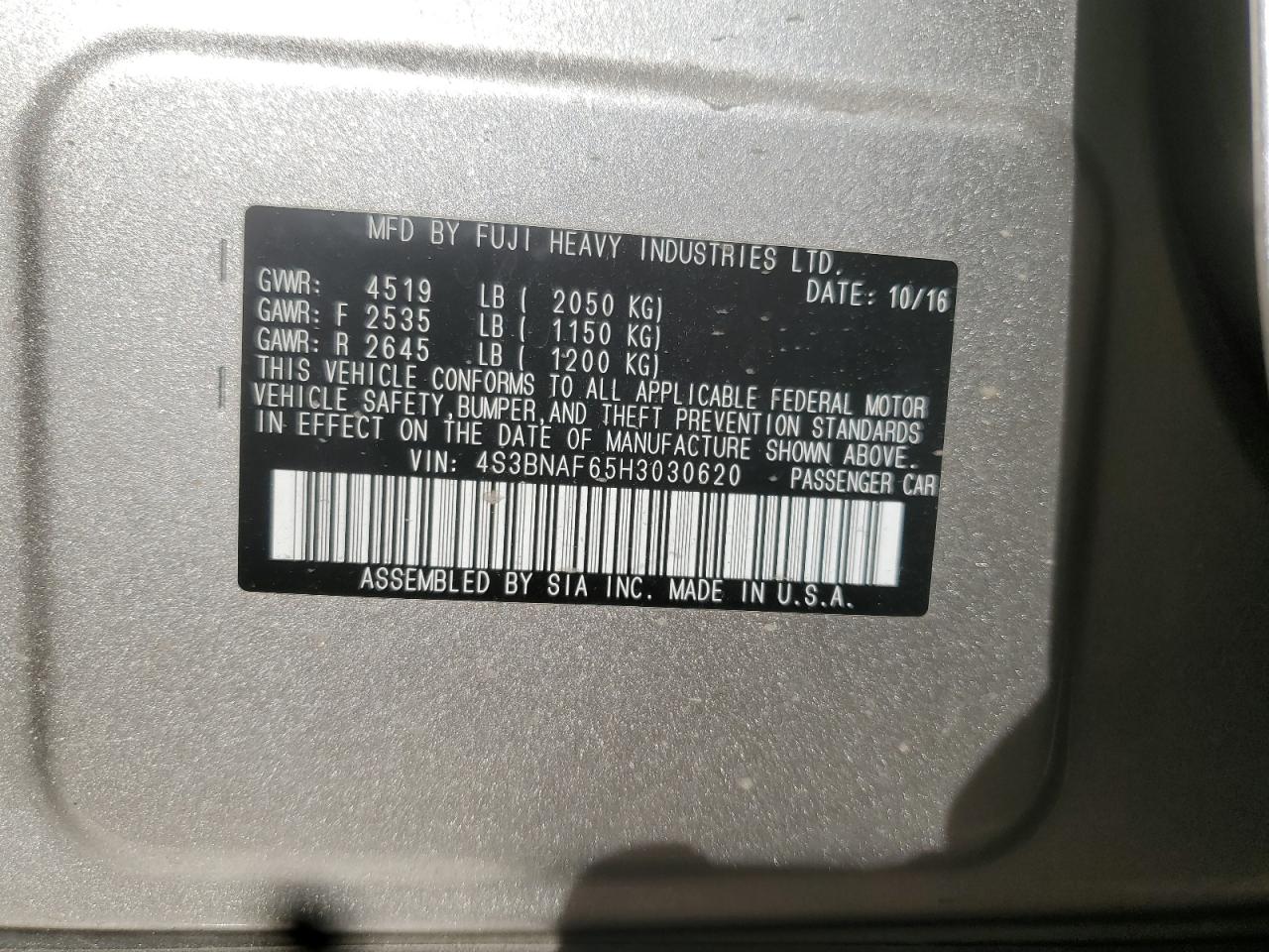 2017 Subaru Legacy 2.5I Premium VIN: 4S3BNAF65H3030620 Lot: 84279025