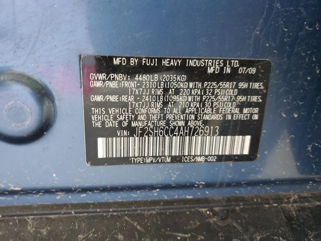 2010 Subaru Forester 2.5X Premium VIN: JF2SH6CC4AH726913 Lot: 86300045