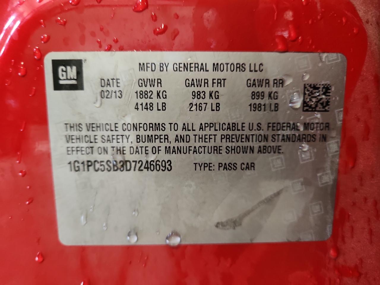 2013 Chevrolet Cruze Lt VIN: 1G1PC5SB3D7246693 Lot: 86110855