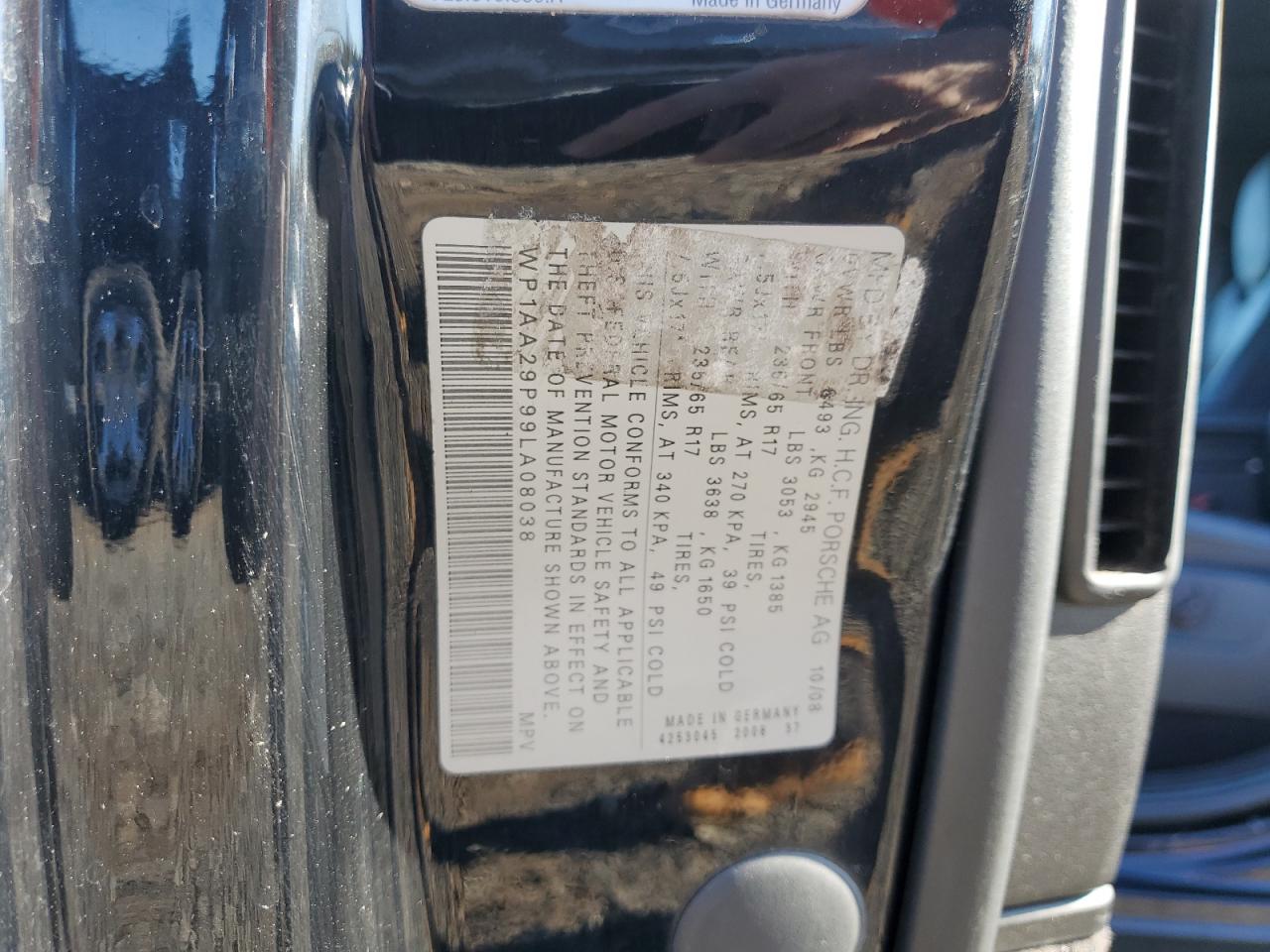 2009 Porsche Cayenne VIN: WP1AA29P99LA08038 Lot: 89518715