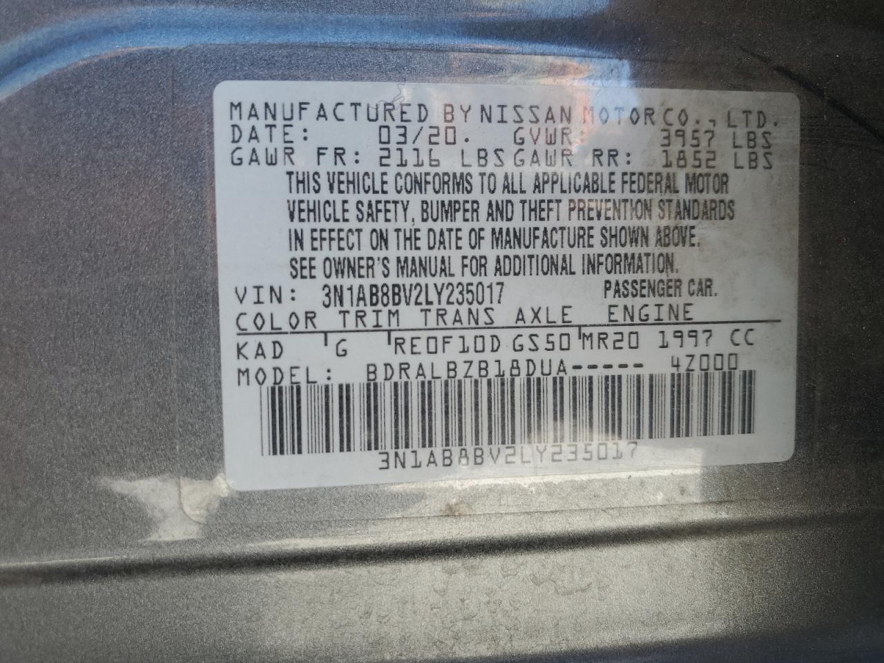 2020 Nissan Sentra S VIN: 3N1AB8BV2LY235017 Lot: 84876415