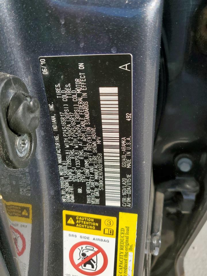 2010 Toyota Highlander Se VIN: 5TDKK3EH7AS018058 Lot: 81934695