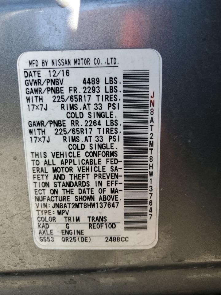 2017 Nissan Rogue S VIN: JN8AT2MT8HW137647 Lot: 85007975