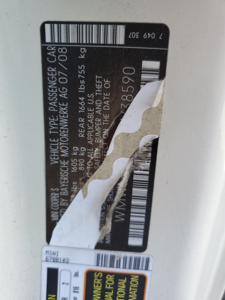 2008 Mini Cooper S VIN: WMWMF73578TV38590 Lot: 90486635