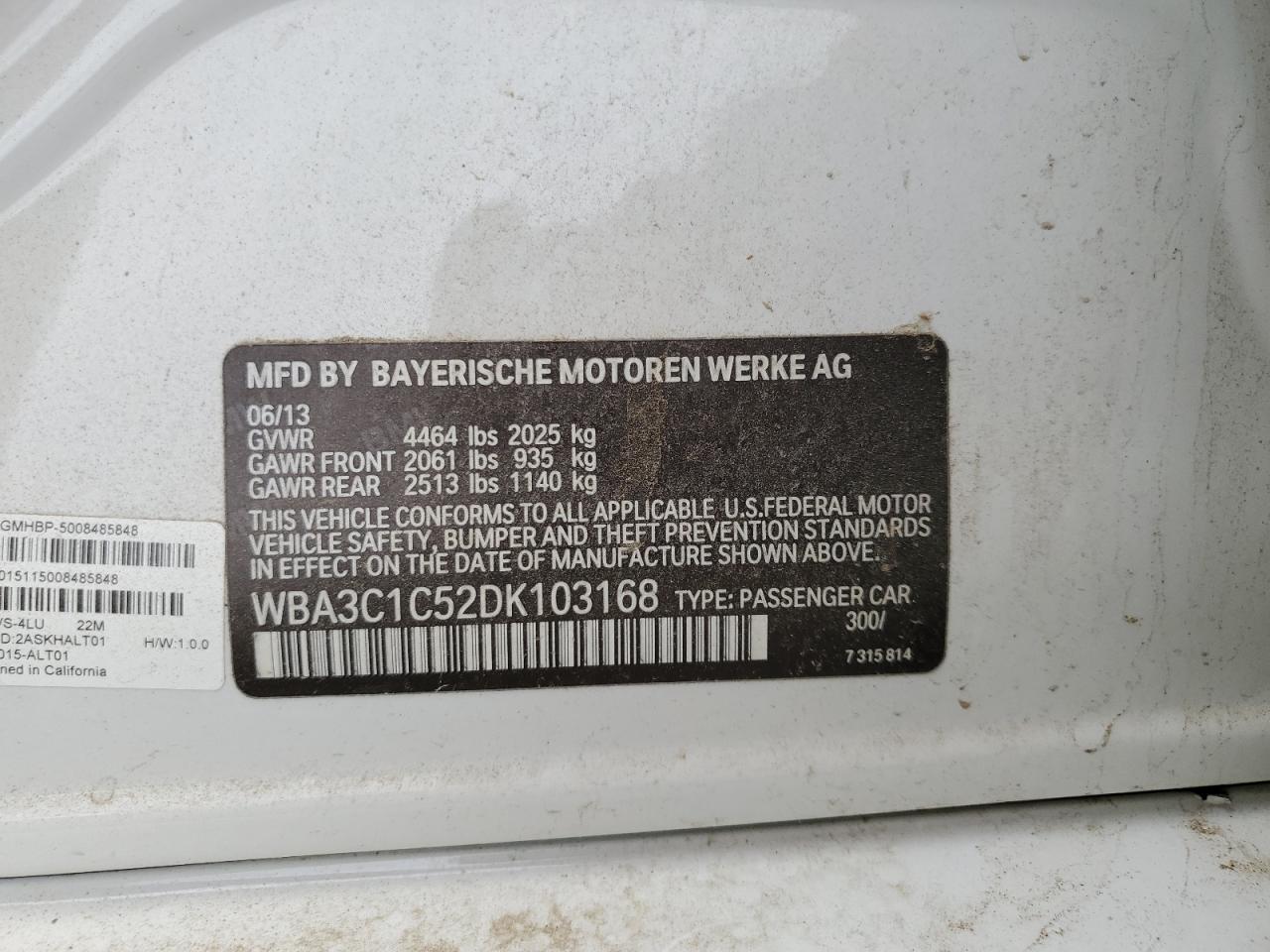 2013 BMW 328 I Sulev VIN: WBA3C1C52DK103168 Lot: 82374135