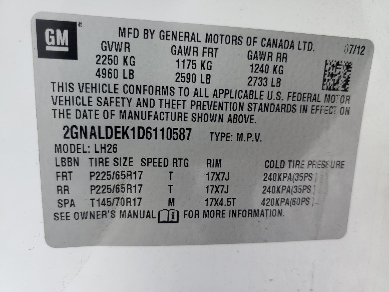 2013 Chevrolet Equinox Lt VIN: 2GNALDEK1D6110587 Lot: 85719245
