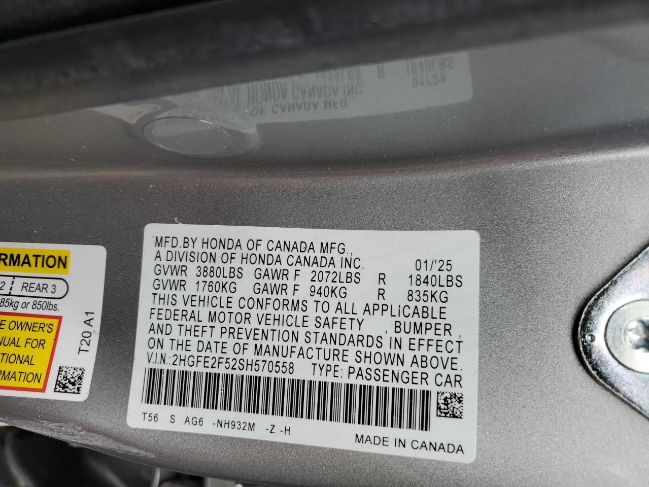 2025 Honda Civic Sport VIN: 2HGFE2F52SH570558 Lot: 86101875