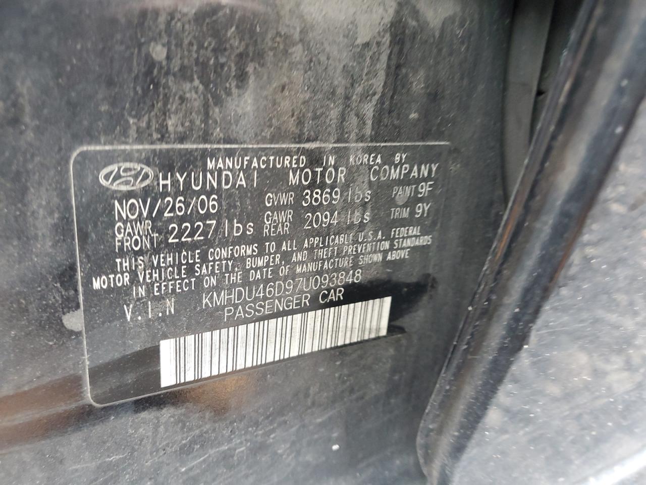 2007 Hyundai Elantra Gls VIN: KMHDU46D97U093848 Lot: 86313845