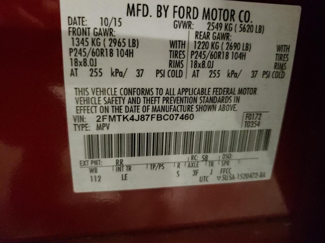 2015 Ford Edge Sel VIN: 2FMTK4J87FBC07460 Lot: 82273945