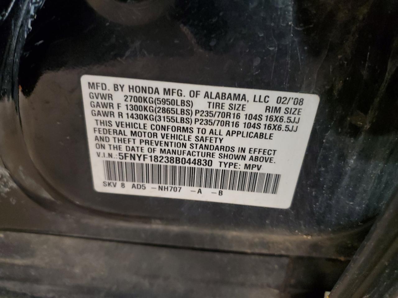 2008 Honda Pilot Vp VIN: 5FNYF18238B044830 Lot: 85779575