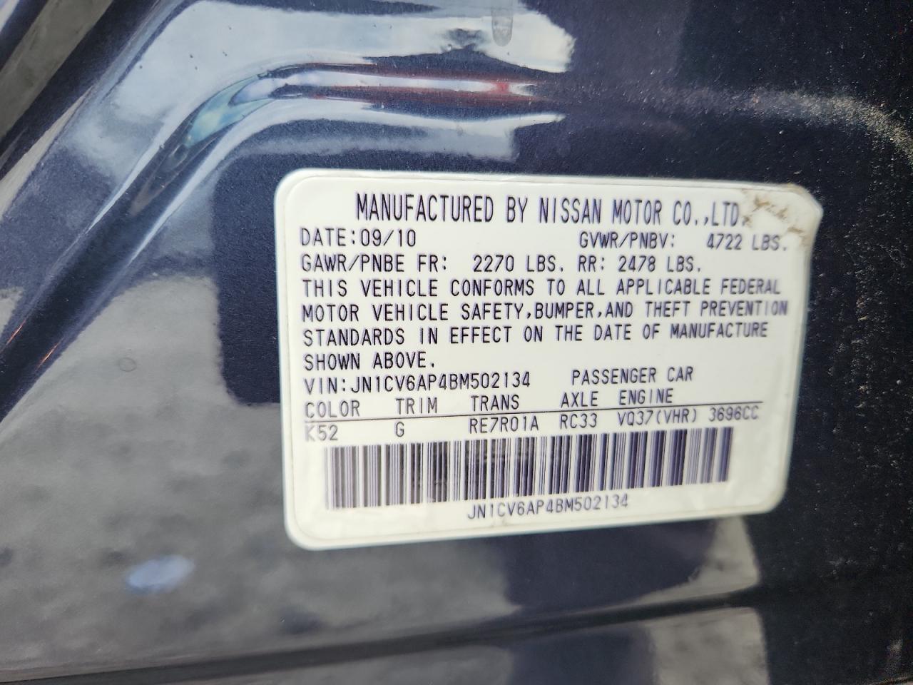 2011 Infiniti G37 Base VIN: JN1CV6AP4BM502134 Lot: 85358915