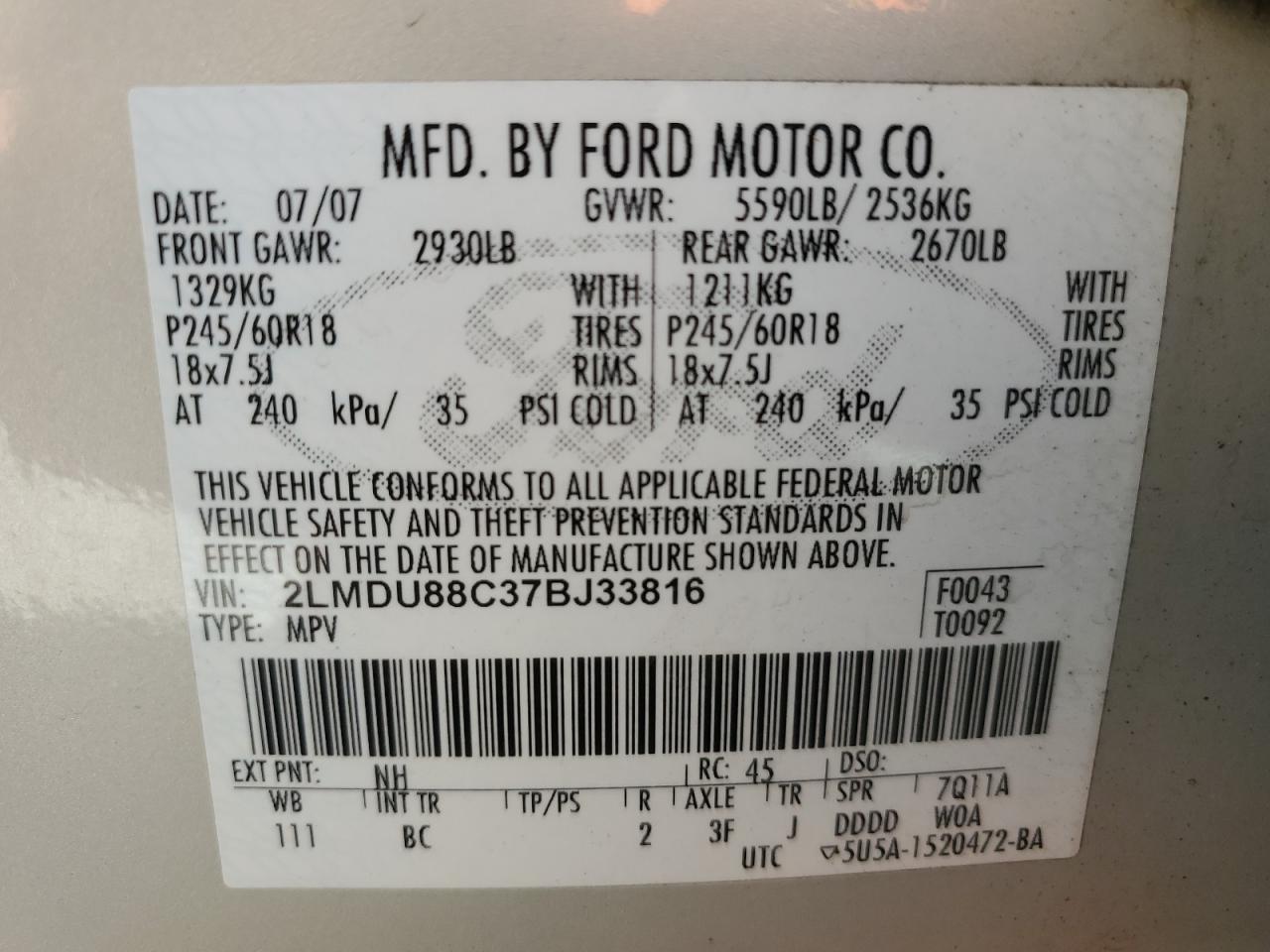 2007 Lincoln Mkx VIN: 2LMDU88C37BJ33816 Lot: 82431225