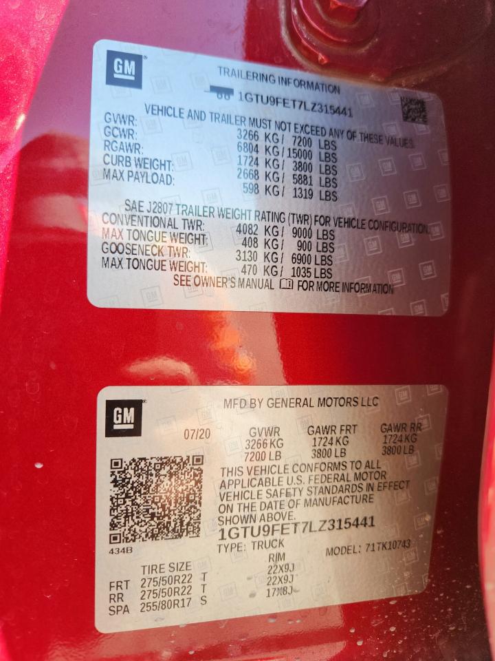 2020 GMC Sierra K1500 Denali VIN: 1GTU9FET7LZ315441 Lot: 86672755